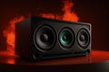 Modern loudspeakers on table against dark background with colorful flames, generative ai Royalty Free Stock Photo