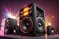 Modern loudspeakers on table against dark background with colorful flames, generative ai Royalty Free Stock Photo