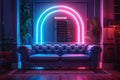 Modern lounge with dual leather couches lit by vibrant neons