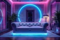 Modern lounge with dual leather couches lit by vibrant neons