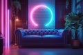 Modern lounge with dual leather couches lit by vibrant neons