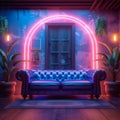 Modern lounge with dual leather couches lit by vibrant neons