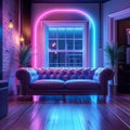 Modern lounge with dual leather couches lit by vibrant neons