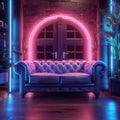 Modern lounge with dual leather couches lit by vibrant neons