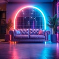 Modern lounge with dual leather couches lit by vibrant neons