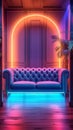 Modern lounge with dual leather couches lit by vibrant neons