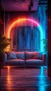 Modern lounge with dual leather couches lit by vibrant neons