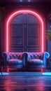 Modern lounge with dual leather couches lit by vibrant neons