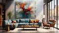 A modern lounge with a soft sofa and expressive artistic canvas, creating a unique atmosphe