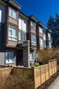 Modern low rise wood frame complex. Brand new apartment building on sunny day in spring with blooming trees. Royalty Free Stock Photo