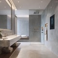 Modern luxurious bathroom with marble accents and walk-in shower Royalty Free Stock Photo