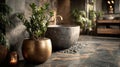 Modern luxurious bathroom with plants and stone bathtub Royalty Free Stock Photo