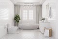 Modern luxurious bathroom with white brick pattern tile walls 3d render Royalty Free Stock Photo
