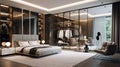 a modern and luxurious bedroom with curtains, spot lights, walk-in closet,