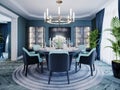 Modern luxurious dining room in blue, white and black color with a large round served table and chairs