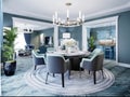 Modern luxurious dining room in blue, white and black color with a large round served table and chairs Royalty Free Stock Photo