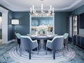 Modern luxurious dining room in blue, white and black color with a large round served table and chairs