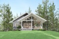 Modern luxury american farmhouse style small house exterior on hillside with green lawn, 3d render