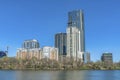 Modern luxury apartments towering against blue sky with Colorado River view Royalty Free Stock Photo