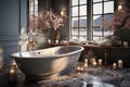 Modern luxury bathroom design. Romantic mood: candles, sakura, rose petals scattered on the floor