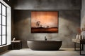 Modern luxury bathroom interior with dark walls, gray bathtub, wooden furniture, a large window and a marble floor Royalty Free Stock Photo