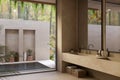 Modern luxury bathroom interior with double modern sink and mirror near the large window Royalty Free Stock Photo