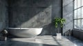 Modern luxury bathroom interior with green plants, window and concrete walls in house or building. Theme of contemporary bath room Royalty Free Stock Photo