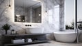 Modern and luxury bathroom interior with white marble carrara walls, concrete floor, comfortable white bathtub and big sink Royalty Free Stock Photo