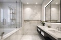 Modern and luxury bathroom interior with white marble carrara walls and floor, white bathtub and shower Royalty Free Stock Photo