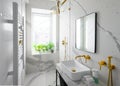 Modern luxury bathroom interior with white marble tiles and golden accessories Royalty Free Stock Photo