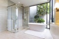 Modern luxury bathroom with marble floor and wall. Royalty Free Stock Photo