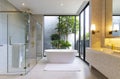 Modern luxury bathroom with marble floor and wall. Royalty Free Stock Photo