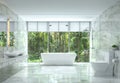 Modern luxury bathroom with nature view 3d rendering image