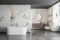 Modern luxury bathroom, white marble walls, bathtub, concrete floor,