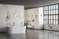 Modern luxury bathroom, white marble walls, bathtub, concrete floor, i
