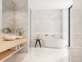 Modern luxury bathroom with white marble and wooden sink counter 3d render