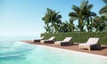 Modern luxury beach villa with sea view swimming pool and terrace in modern design, Lounge chairs on wooden floor - 3d redering Royalty Free Stock Photo