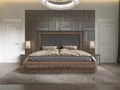 Modern luxury bed in art deco style with quilt and wooden headboard of parquet. Bedroom in brown colors Royalty Free Stock Photo