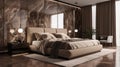 Modern luxury bedroom interior design with brown marble walls, wooden floor, king size bed with brown carpet. Royalty Free Stock Photo