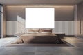 Modern luxury bedroom interior with empty white mock up poster, king size bed and sunlight.