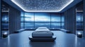 Modern Luxury Bedroom with Starlit Ceiling and Panoramic View at Night Royalty Free Stock Photo