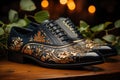 Modern Luxury Black Leather Man Shoes with Gold Ornament extreme closeup. Generative AI Royalty Free Stock Photo