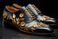 Modern Luxury Black Leather Man Shoes with Gold Ornament extreme closeup. Generative AI Royalty Free Stock Photo