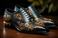 Modern Luxury Black Leather Man Shoes with Gold Ornament extreme closeup. Generative AI Royalty Free Stock Photo