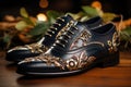 Modern Luxury Black Leather Man Shoes with Gold Ornament extreme closeup. Generative AI Royalty Free Stock Photo