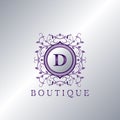 Modern Luxury Boutique Letter D logo. Unique elegance design floral ornament with purple metal circle frame vector design