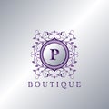 Modern Luxury Boutique Letter P logo. Unique elegance design floral ornament with purple metal circle frame vector design