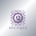 Modern Luxury Boutique Letter Q logo. Unique elegance design floral ornament with purple metal circle frame vector design