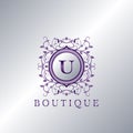 Modern Luxury Boutique Letter U logo. Unique elegance design floral ornament with purple metal circle frame vector design