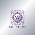 Modern Luxury Boutique Letter W logo. Unique elegance design floral ornament with purple metal circle frame vector design